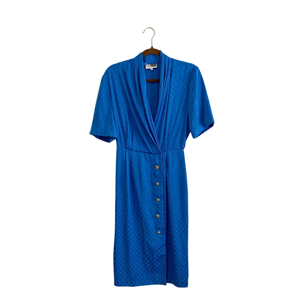 Vintage Petite Focus Sample Dress 8P Royal Blue Gold Pearl Button Pleated Midi
